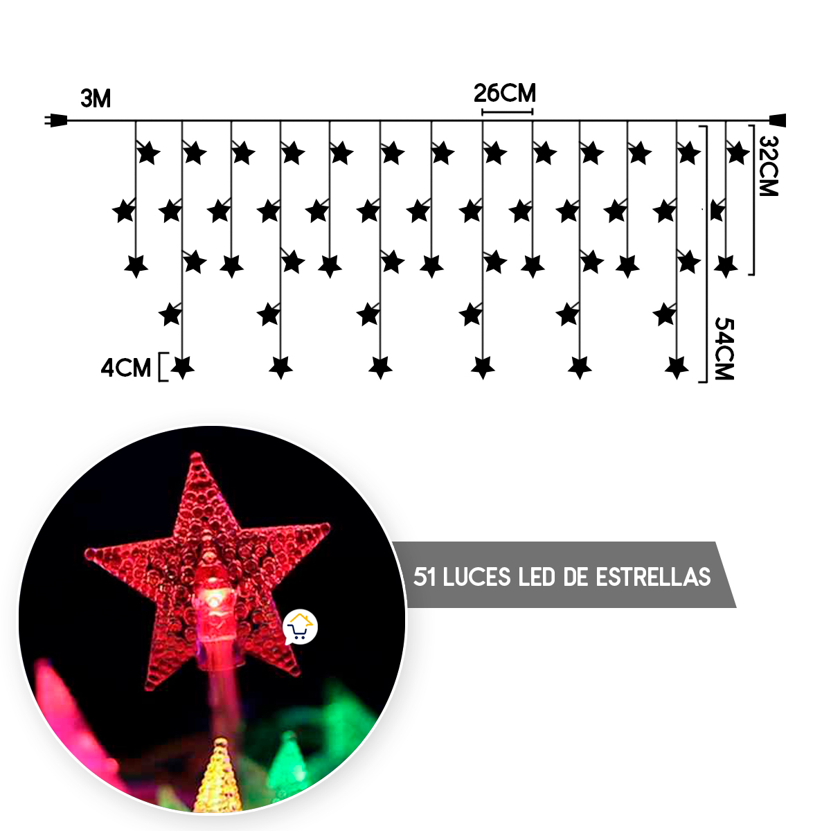 Luces Led Estrellas 3 Metros Extensión Cortina Luz Navidad Multicolor ZE019M